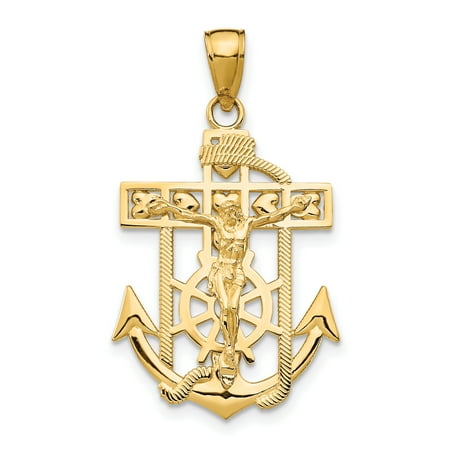 14k Gold Mariners Cross - 14k Yellow Gold Textured Mini Nautical Anchor Ship Wheel Mariners Crucifix Cross Religious Pendant Charm Necklace Mariner