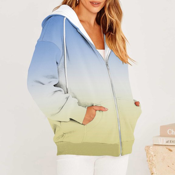 Guieoi Plus Size Jackets for Women Winter Casual Printed Zippered Long Sleeve Hooded Sweater Jacket Tops Blue