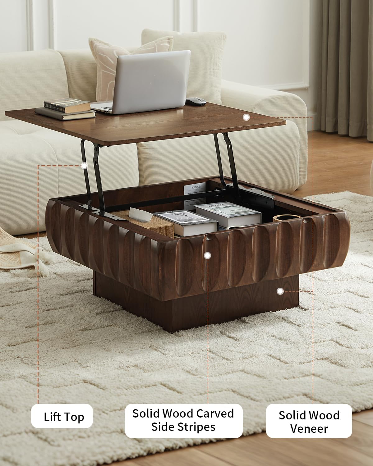 Lift Top Coffee Table with Hidden Storage, 31 inch Solid Wood Fluted Design for Small Space Living Room, Walnut