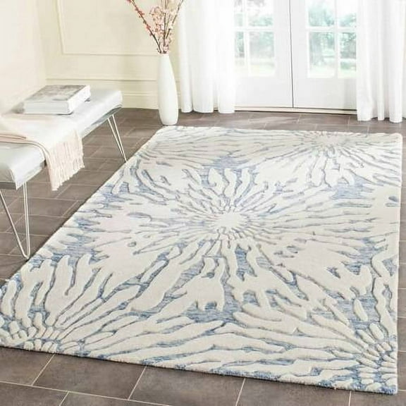 SAFAVIEH Bella Goran Abstract Bursting High-Low Wool Area Rug, Dark Blue/Ivory, 6' x 9'