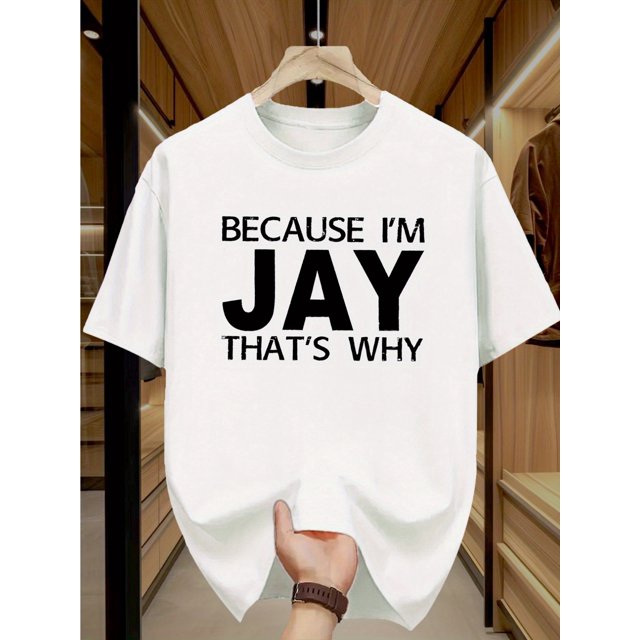 Halloween T-shirt Men'S Casual Crew Neck Short Sleeve T-Shirt - "Because I'm Jay That'S Why" Graphic Print, All-Season Comfort, Slight Stretch Knit Fabric, Solid Color Sports Top, Regular F