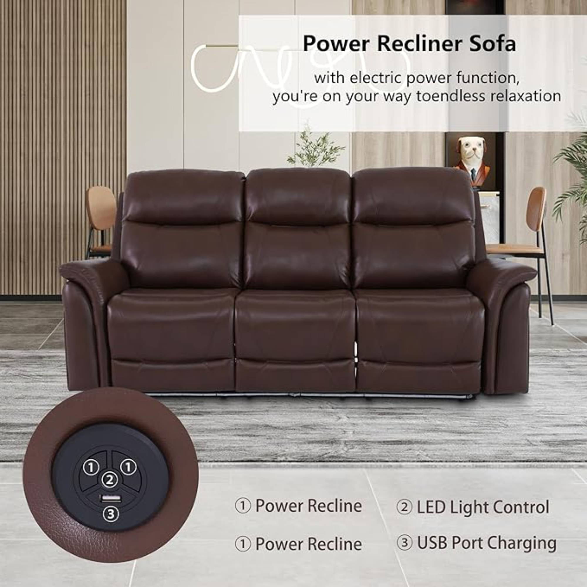 Electric Recliner Sofa Chair Leather Power Recliner Couches with Wireless Charger, USB Ports for Adults Living Room, Brown