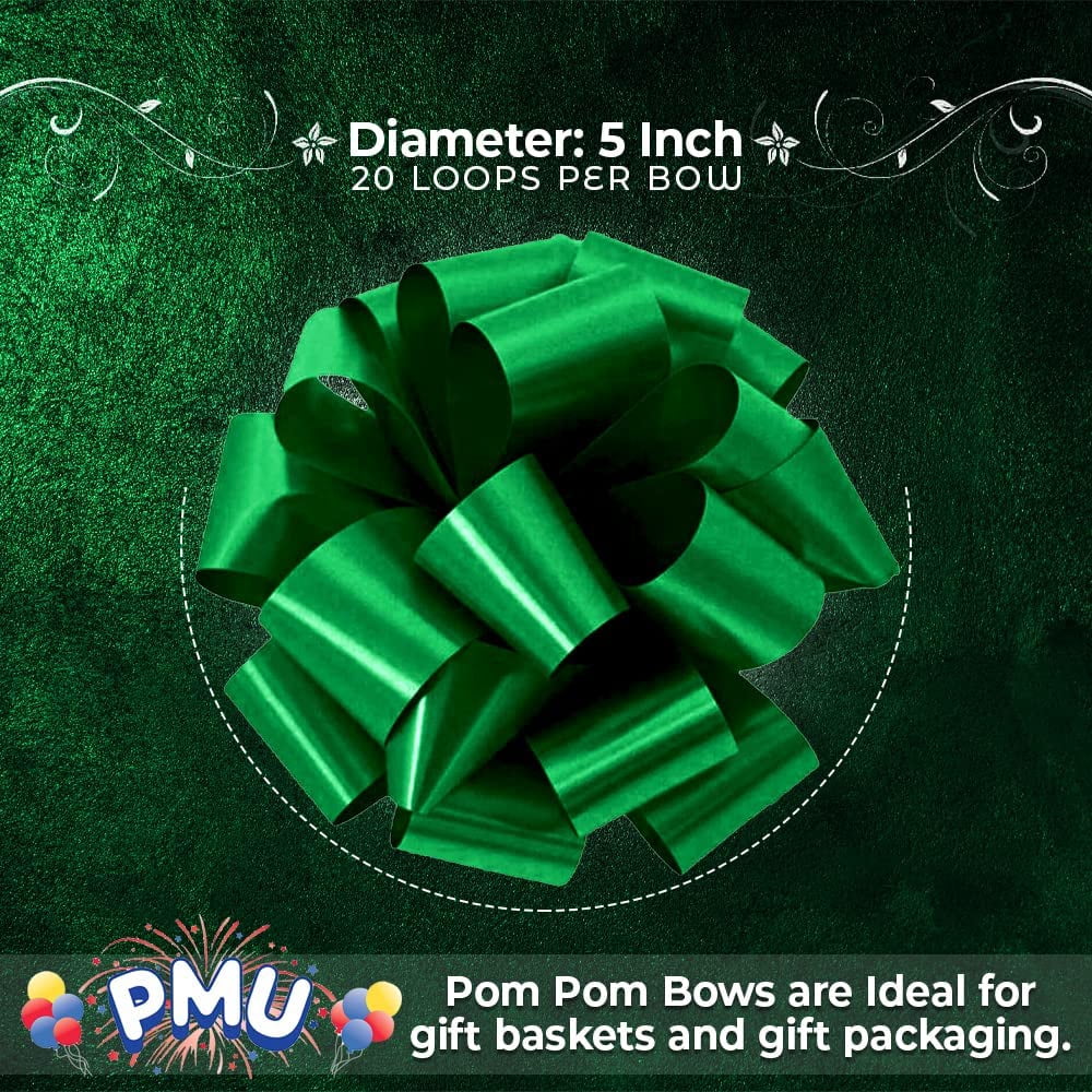 PMU Pom-Pom Pull-Apart - Pull Out Bows for Wedding, Birthdays & Anniversaries - Ribbon Bows for Flowers & Basket Decoration - Large Bow for Gift Wrapping - Emerald Green 5 Inch 20 Loops (50/pkg) Pkg/1