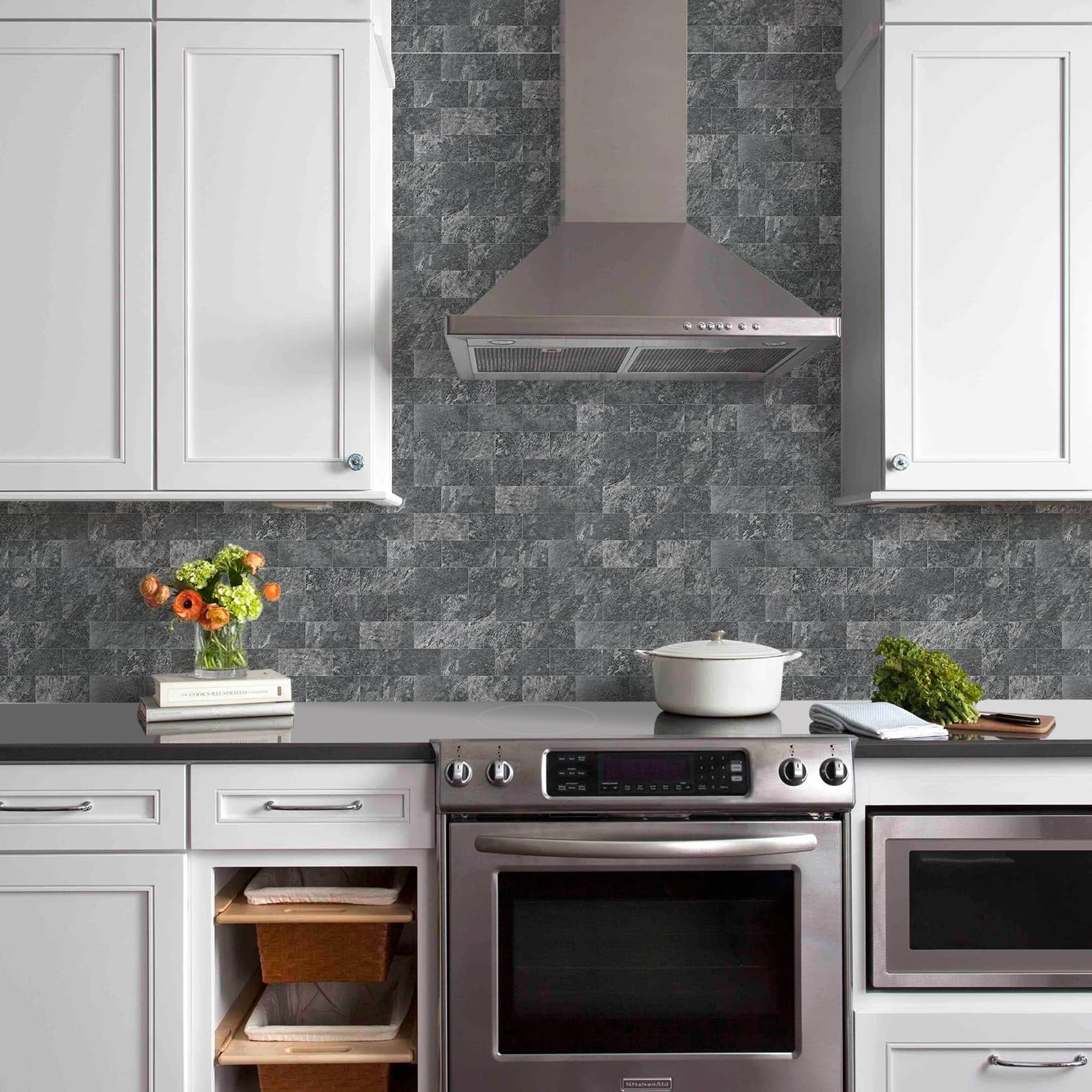 100 Pieces Peel And Stick Backsplash Tiles  3" X 6" Pvc Subway Black Slate On For Kitchen/bathroom/fireplace/laundry/camper