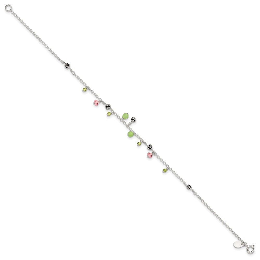 925 Sterling Silver Pink Crystal Green Quartz Peridot Beads Chain Anklet for Women 9"