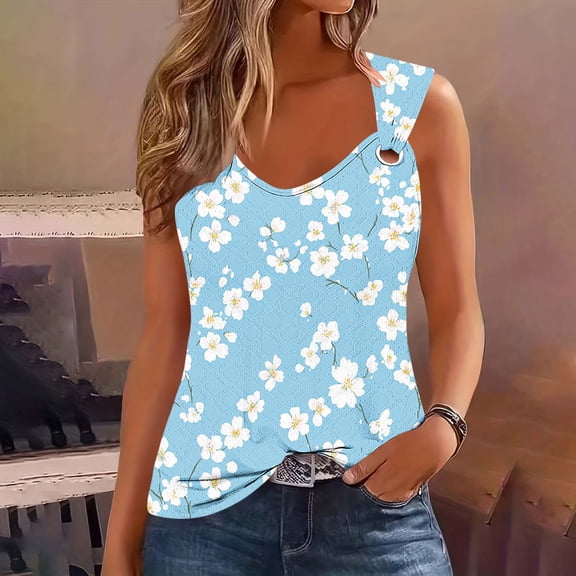 NTACZA Womens Summer Tops Casual Hawaiian Tank Tops Sleeveless Eyelet O Ring Womens T Shirts L