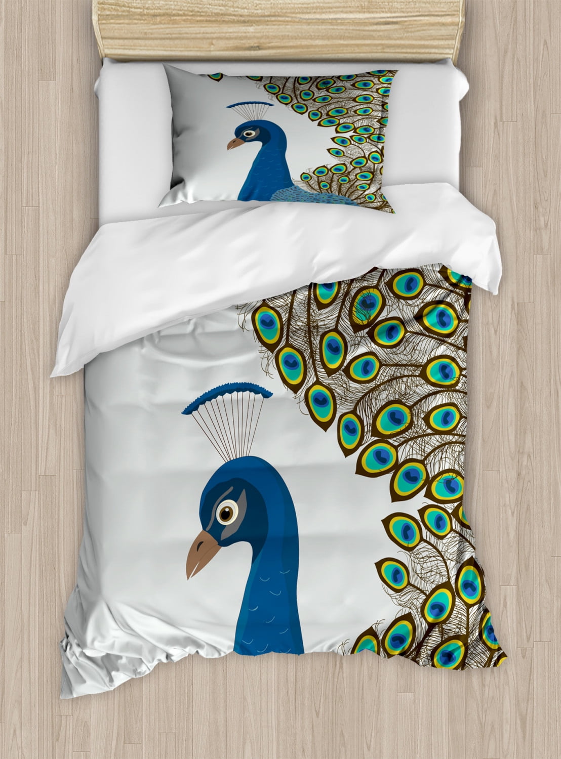 Peacock Twin Size Duvet Cover Set, Illustration of Peacock Bird Forming