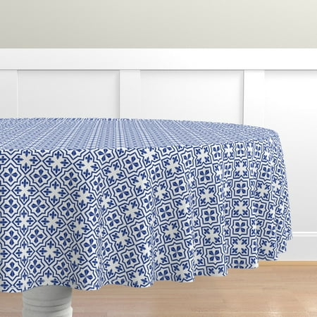 

Cotton Sateen Tablecloth 70 Round - Delft Fleur Blue White Geometric Pattern Cobalt Spanish Tiles Floral Squares Abstract Kitchen Decor Print Custom Table Linens by Spoonflower