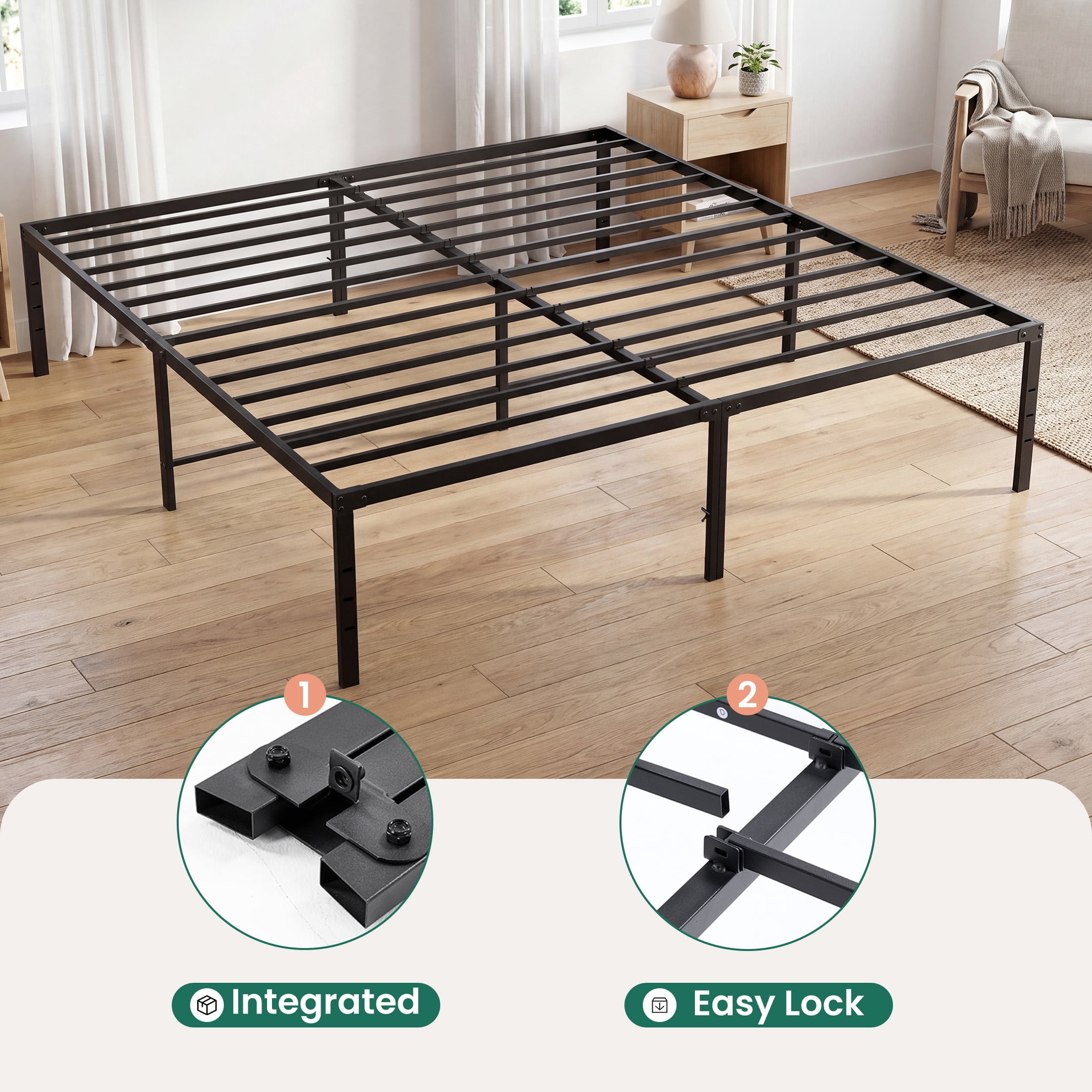 EDX 18 Inch Full Bed Frame, Extra Tall Metal Platform with Steel Slats, Heavy Duty, Under Bed Storage, Noise Free, Easy Assembly, Black