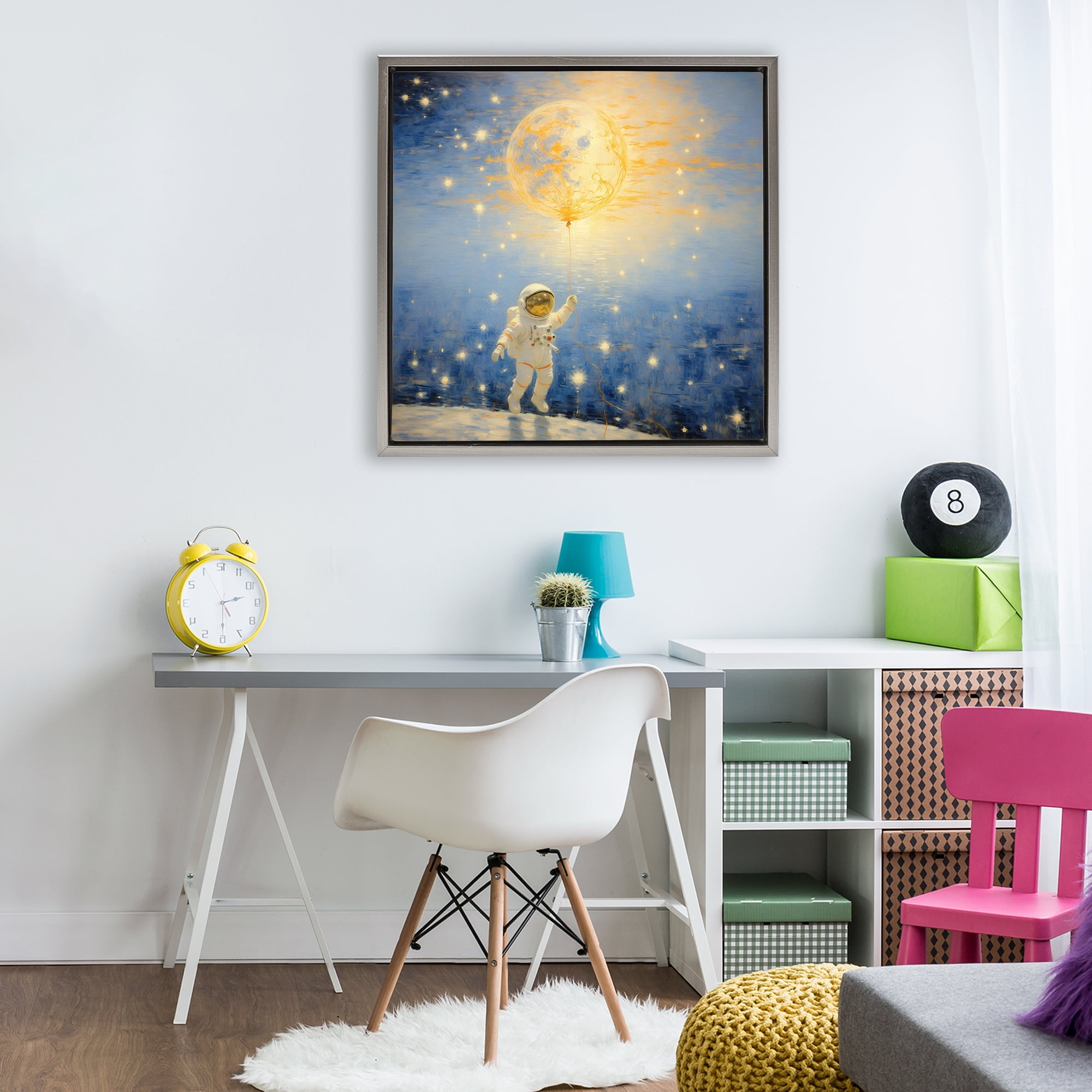 Astronaut with Dreamy Cosmic Balloon Gray Framed Floater Canvas Wall Art, design by Angie Hawke