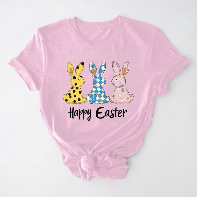 UPPADA Easter Femmes Oeufs Imprimé T-Shirts Heureux Easter Graphique Bunny Lapin Mignon T-Shirts Manches Courtes Décontracté Col Rond T-Shirts Été Basique Coupe Régulière Chemises Rose,m