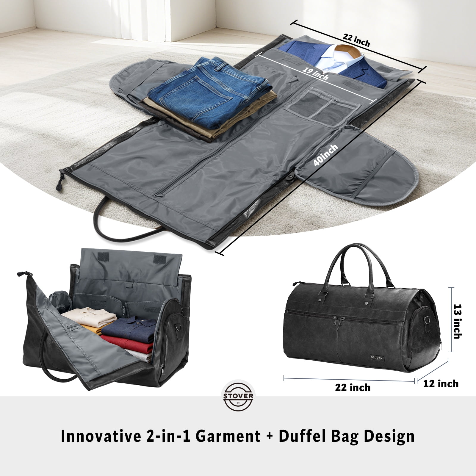 STOVER Garment Travel Duffle Bag, Large 2-in-1 Convertible Carry-on Luggage (Black Leatherette)