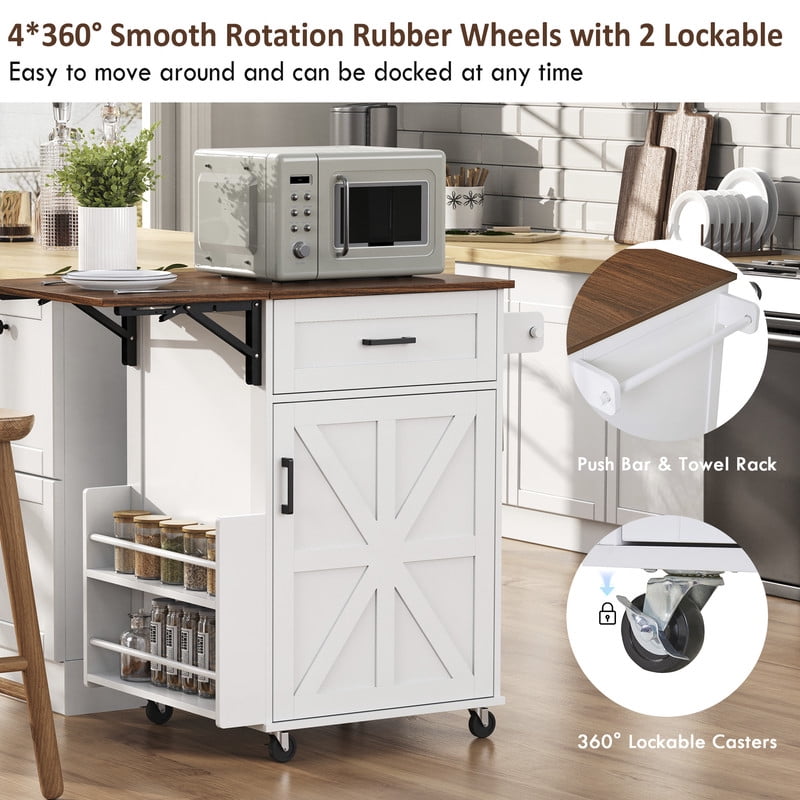 Farmhouse Small Kitchen Rolling Cart with Drop Leaf, Kitchen Island Storage Cabinet with Racks, Hooks, Drawer & Lockable Wheel