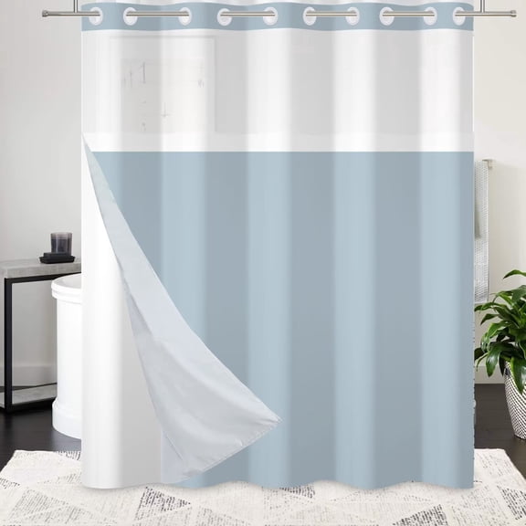 Lfeey No Hook Shower Curtain with Snap Fabric Liner Set, Waterproof Double-Layer Sheer Top, Light Blue, 71" W x 71" L