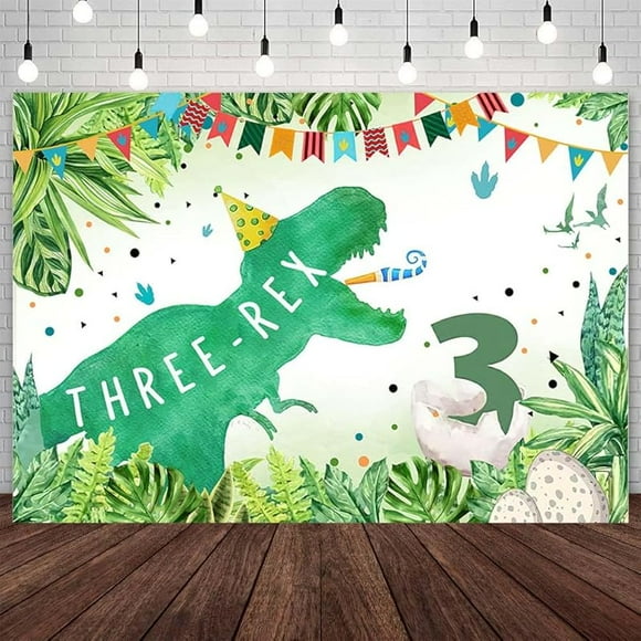 Dinosaur 4th Birthday Backdrop Happy Dino-Four Birthday Photography Background Greenery Jungle Palm Leaves Flag 4 Years Old Birthday Party Decorations Banner Photo Studio Props