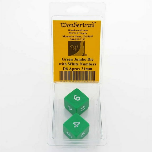 Green Jumbo Dice with White Numbers D6 31mm (1.25in) Pack of 2 Wondertrail