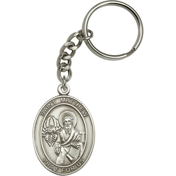 Antique Silver-Plated St. Matthew Keychain 1 7/8 x 1 1/4 inches