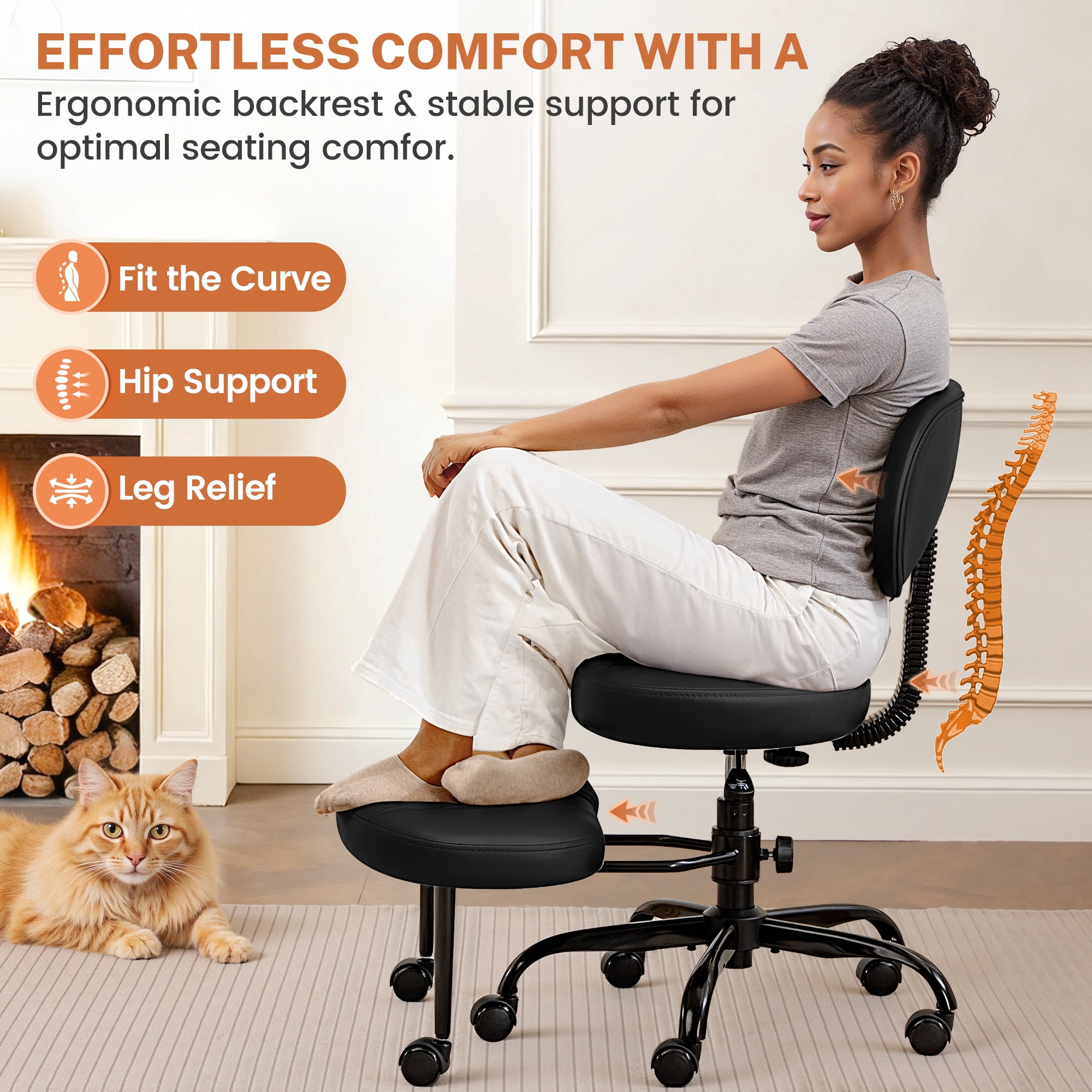 COOLHUT Cross Legged Chair, Ergonomic Adult ADHD Office Chair, Height Adjustable Yoga Office Chair, Meditation Chair with Lumbar Support, Home Office Kneeling Chair, Black