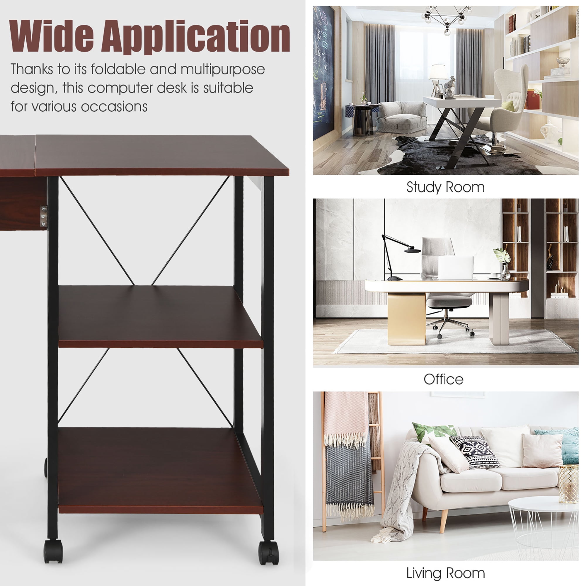 Costway Rolling Computer Desk Folding Writing Office Desk w/ Storage Shelves