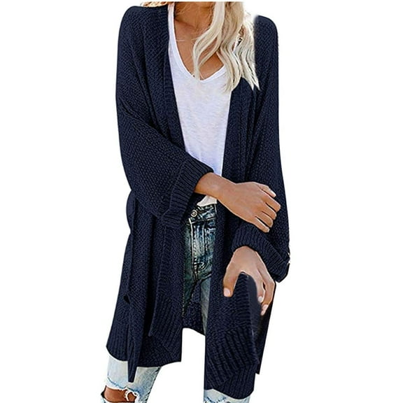 Cnbwig Cardigan For Women Casual Lightweight Long Sleeve Solid Color Open Front Cardigan for Women with Pockets Navy XXL