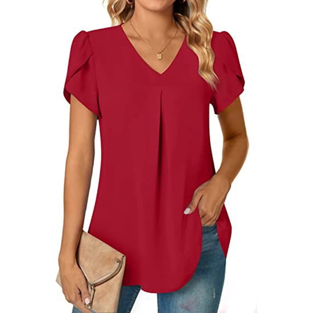 Prolriy Hauts d'Été pour Femmes 2025 Mode d'Été Chemise en Chiffon Col en V Manches Courtes Tunique Adaptée aux Leggings Hauts d'Été pour Femmes Rouge TG