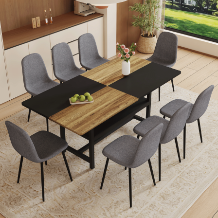 9-Piece Dining Set: 71x35.4" Wooden & Black Spliced Table (Middle Storage), 8 Dark Gray Linen Chairs, Iron Pipe Legs