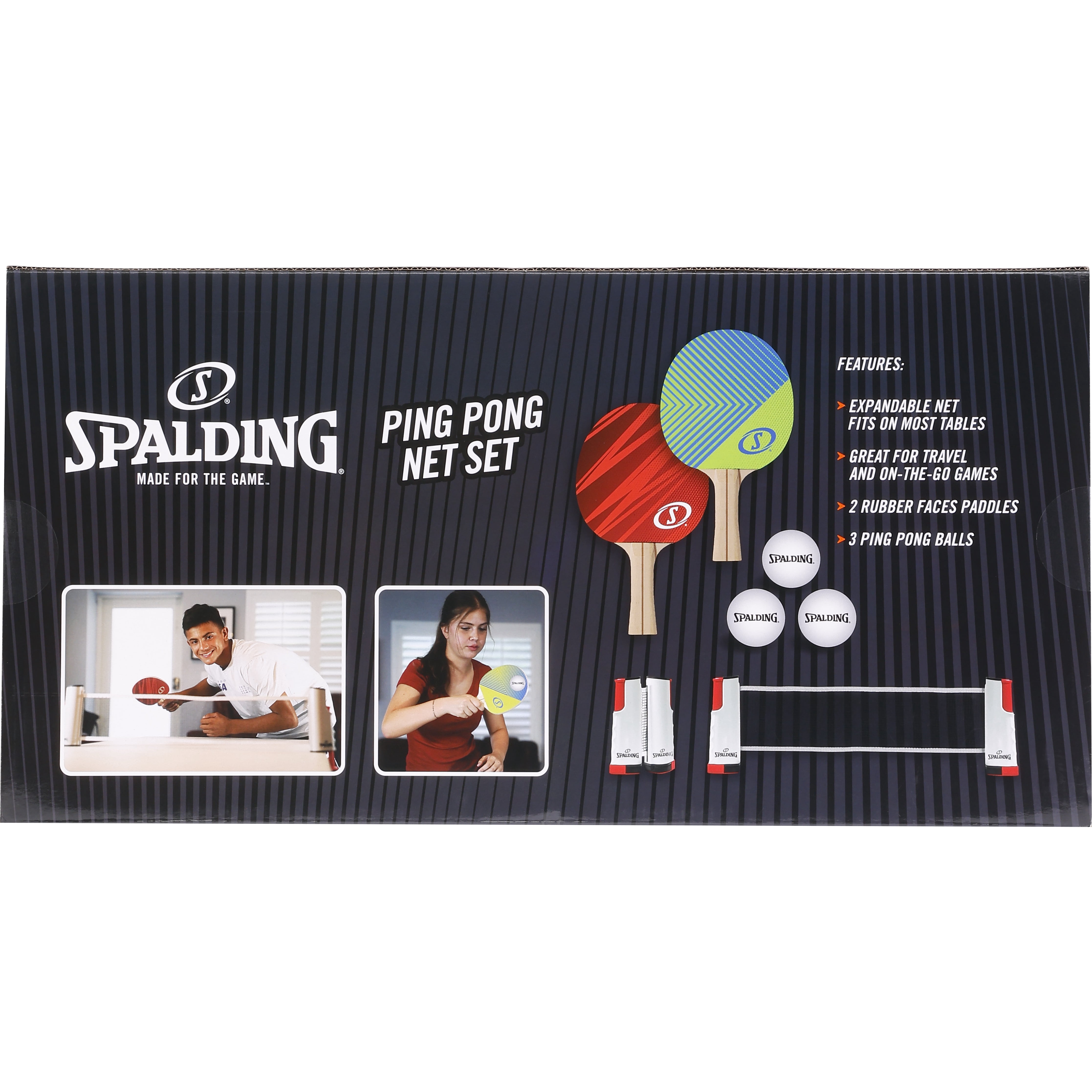 Spalding Ping Pong Net Set – Expandable Net, 2 Paddles, 3 Balls, Adjustable for Most Tables, Indoor & Outdoor Table Tennis Set, Portable Ping Pong Equipment