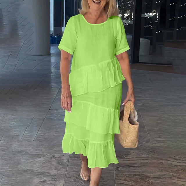 mfyjkho Vestidos midi para mujer, Vestido plisado de manga corta con cuello redondo, elegante e informal, de color liso para mujer Vestidos de otoño m