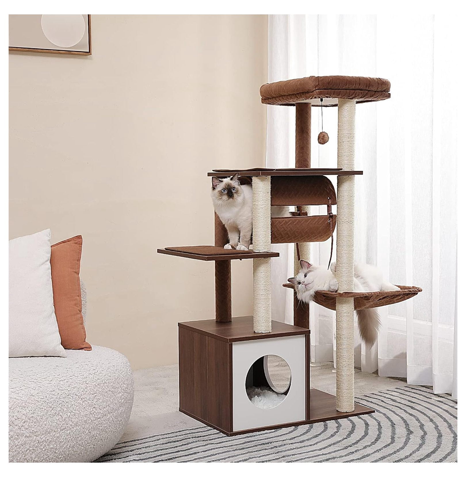 Cat Tree 51.4 Inch Modern Wooden Cat Tower, 6 Levels with Sisal Scratching Posts, Condo, Perch, Hammock & Tunnel - Brown
