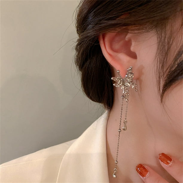 1 Pair Long Tassel Pendant Earrings Elegant Bohemian Silver Drop Ear Studs Bridal Art Jewelry Wife Gifts Costume Accessories Walmart