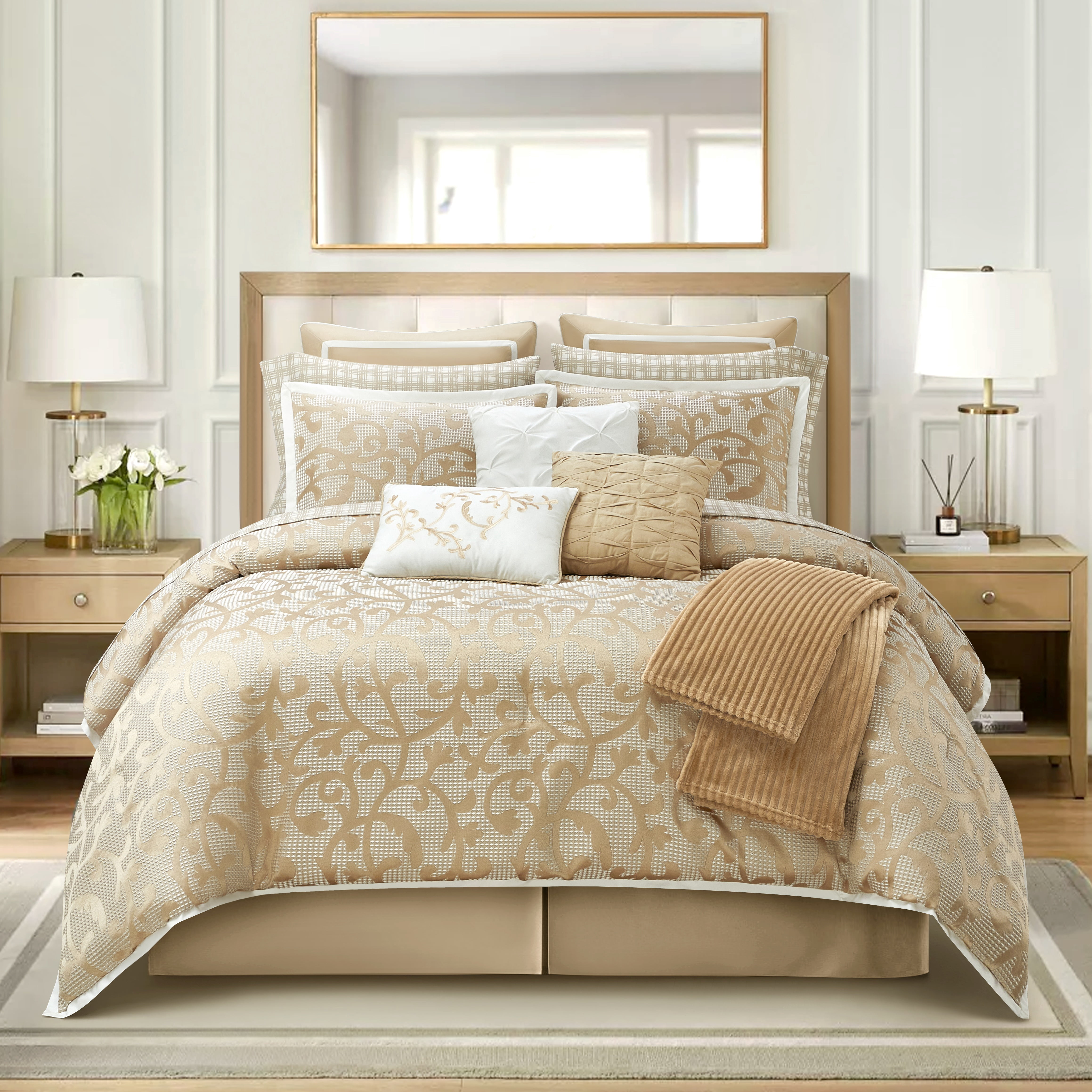Lanco Taupe Paisley Comforter Set King Size, 16 Piece, Jacquard Bedding Sets & Collections, Matching Flat Sheet, Fitted Sheet, Pillow Shams , Bedskirt , Curtains