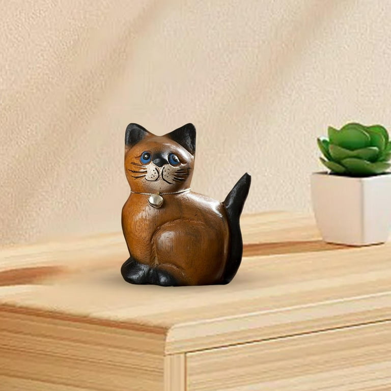 Wood Carving Cat Statue, Kitten Figurine Ornament Decorative Art Works  Collection Handmade Kitten Figure for Dining Room Home Decors Gift S Head  Left