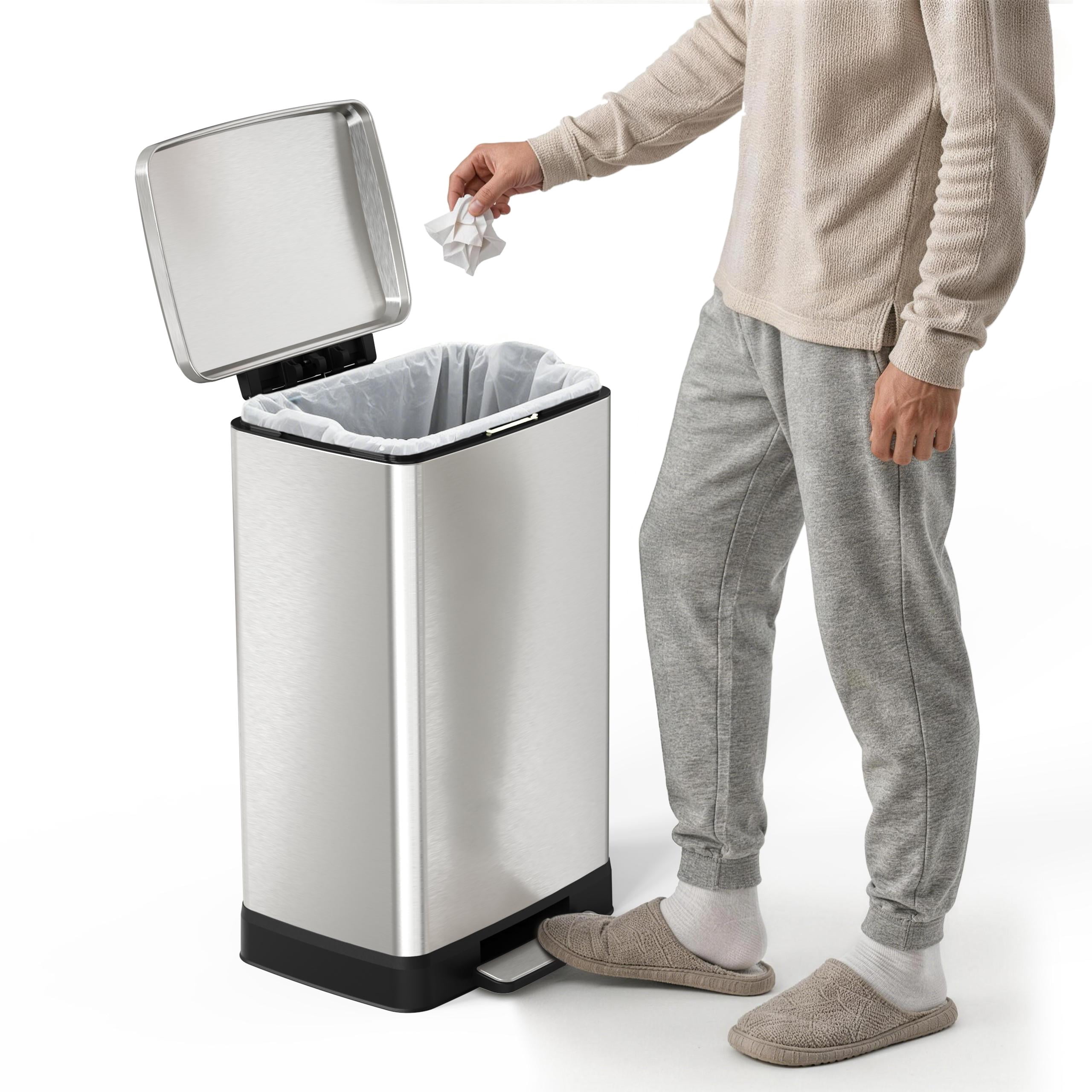 Stainless Steel Step Trash Can 14.5 Gallon Brushed Nickel Hands-Free with Removable Inner Bucket for Kitchen Bathroom