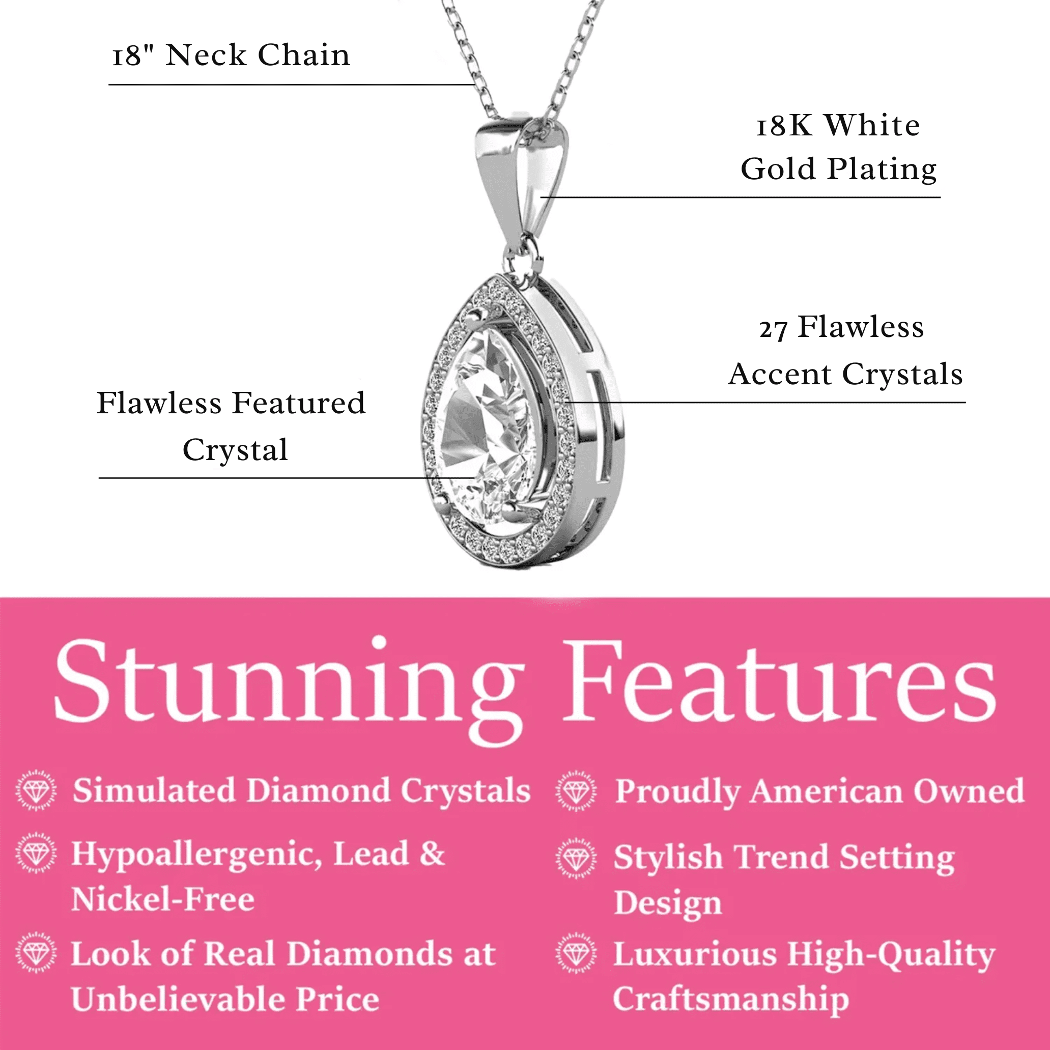 Cate & Chloe Pack of 3 - Isabel 18k White Gold Plated Teardrop Necklace with Simulated Diamonds for Women
