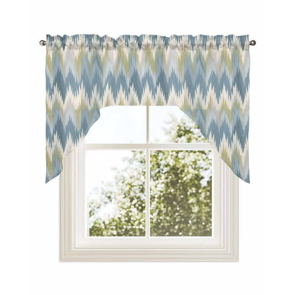 Blue Green Geometric Kitchen Curtains Swag Valance for Windows/Bathroom/Cafe, Southwest Ethnic Country Rod Pocket Drape Panel Swag Curtains Valance for Bedroom/Living Room 56"x36"