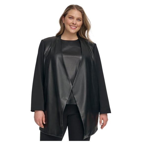 Calvin Klein Womens Mixed-Media Long-Sleeve Blazer Jacket, Black, Plus Size, 18W