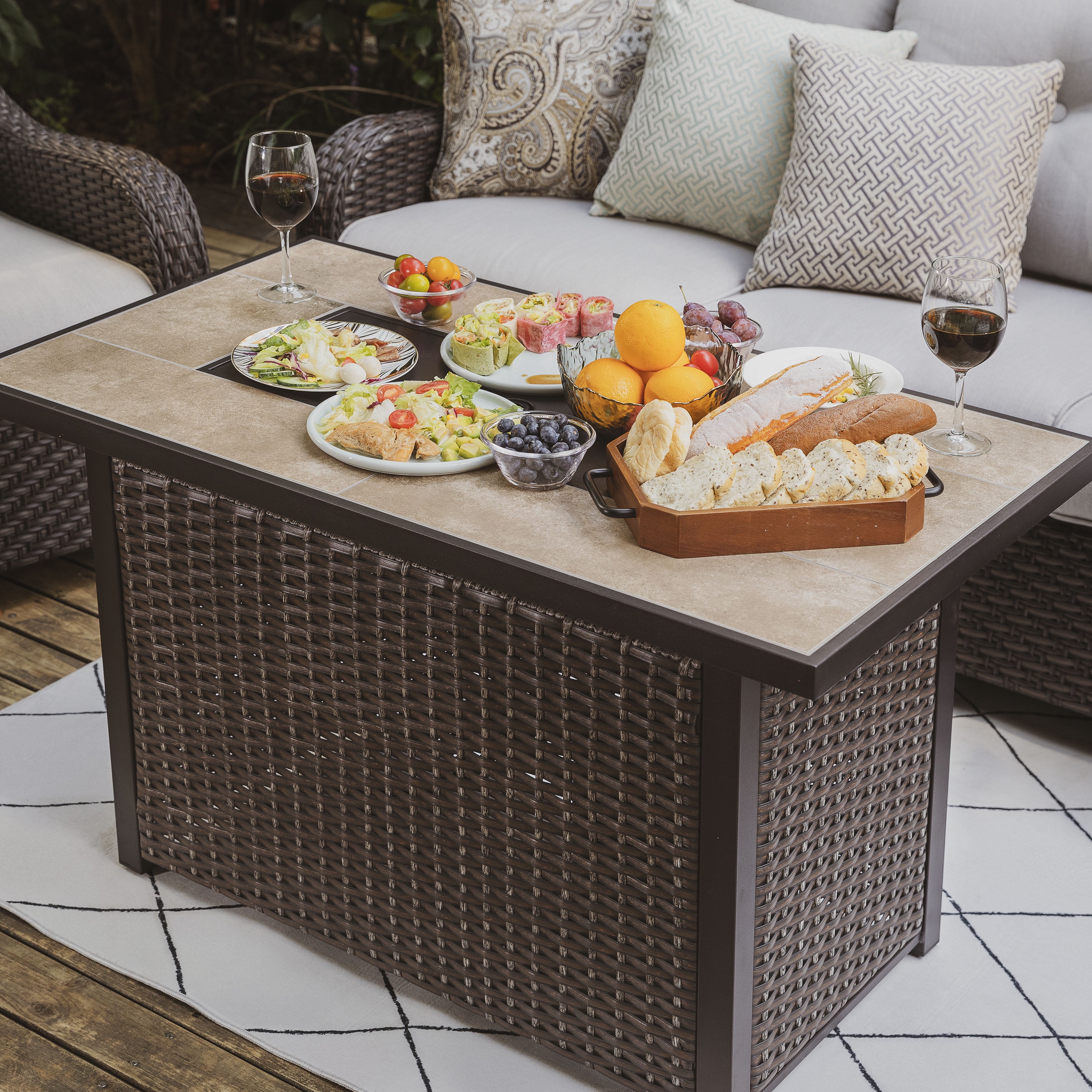 Nuu Garden Outdoor 43 Inch 50,000 BTU Propane Gas Fire Pit Table, Ceramic Tabletop Outdoor Fire Pit Table with Lid,Glass Fire Pit Wind Guard,Cover and Glass Beads, Dark Brown