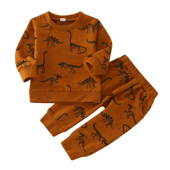 Generic Toddler Boys Winter Long Sleeve Dinosaur Prints Tops Pullover Pants 2PCS Outfits Clothes Set for Babys Clothes(18-24 Months Yellow)