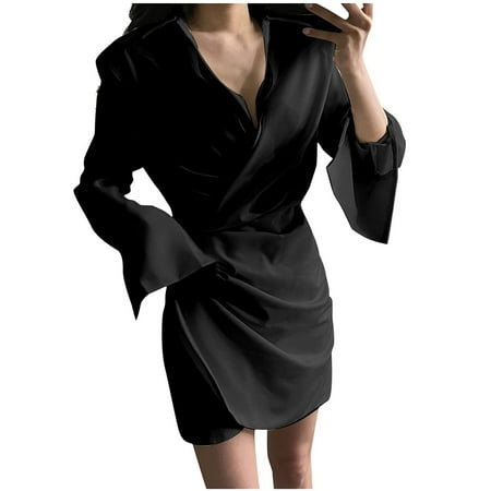 

Floleo Women s Long Sleeve Dress Clearance Summer Fashion Sexy Casual Buttocks V-Neck Solid Dress Dress Deals