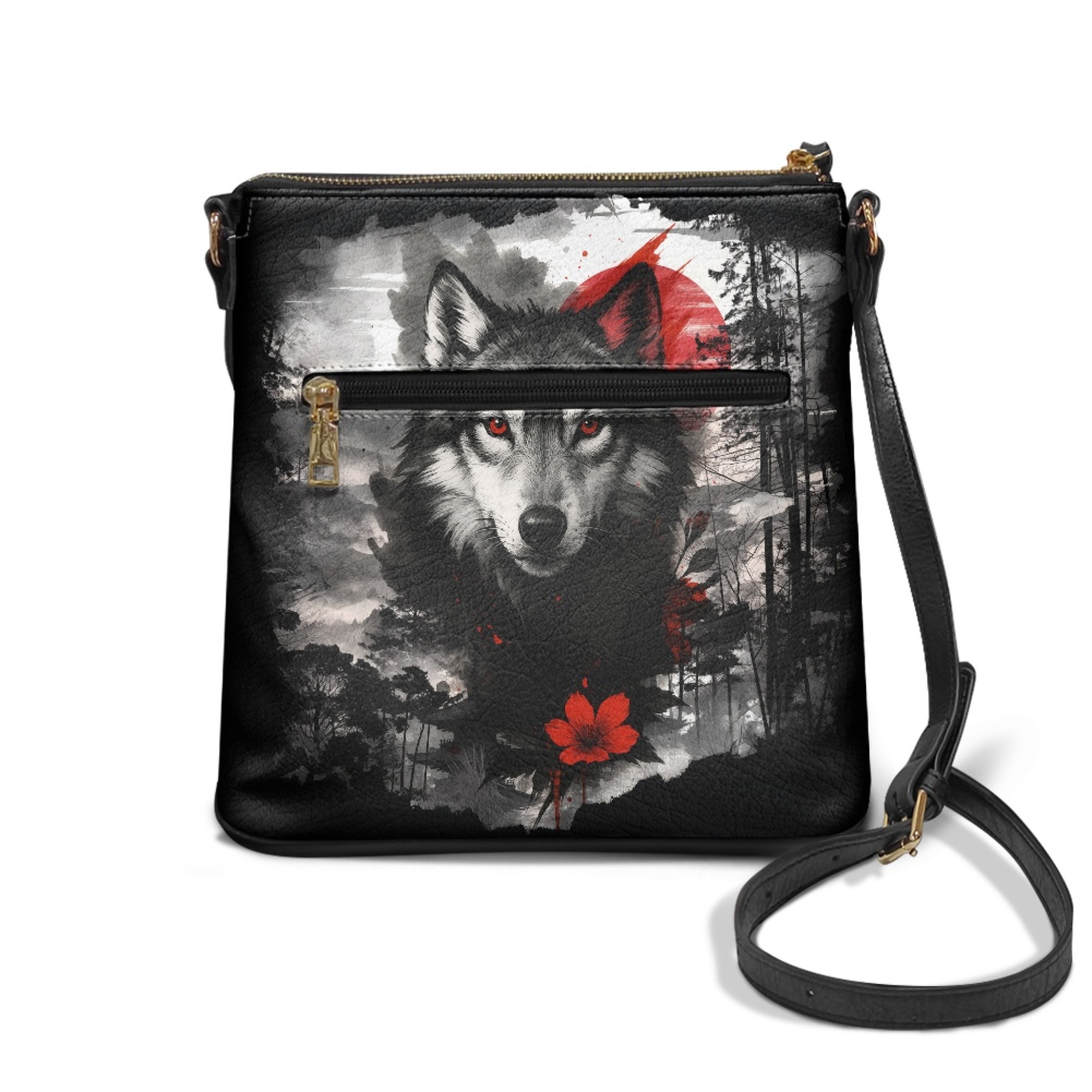 Kuiaobaty Wolf Flowers Print Crossbody Bag for Women, Lightweight Leather Satchel Purse Crossbody with Adjustable Strap, Waterproof Shoulder Handbag for Travel, Black