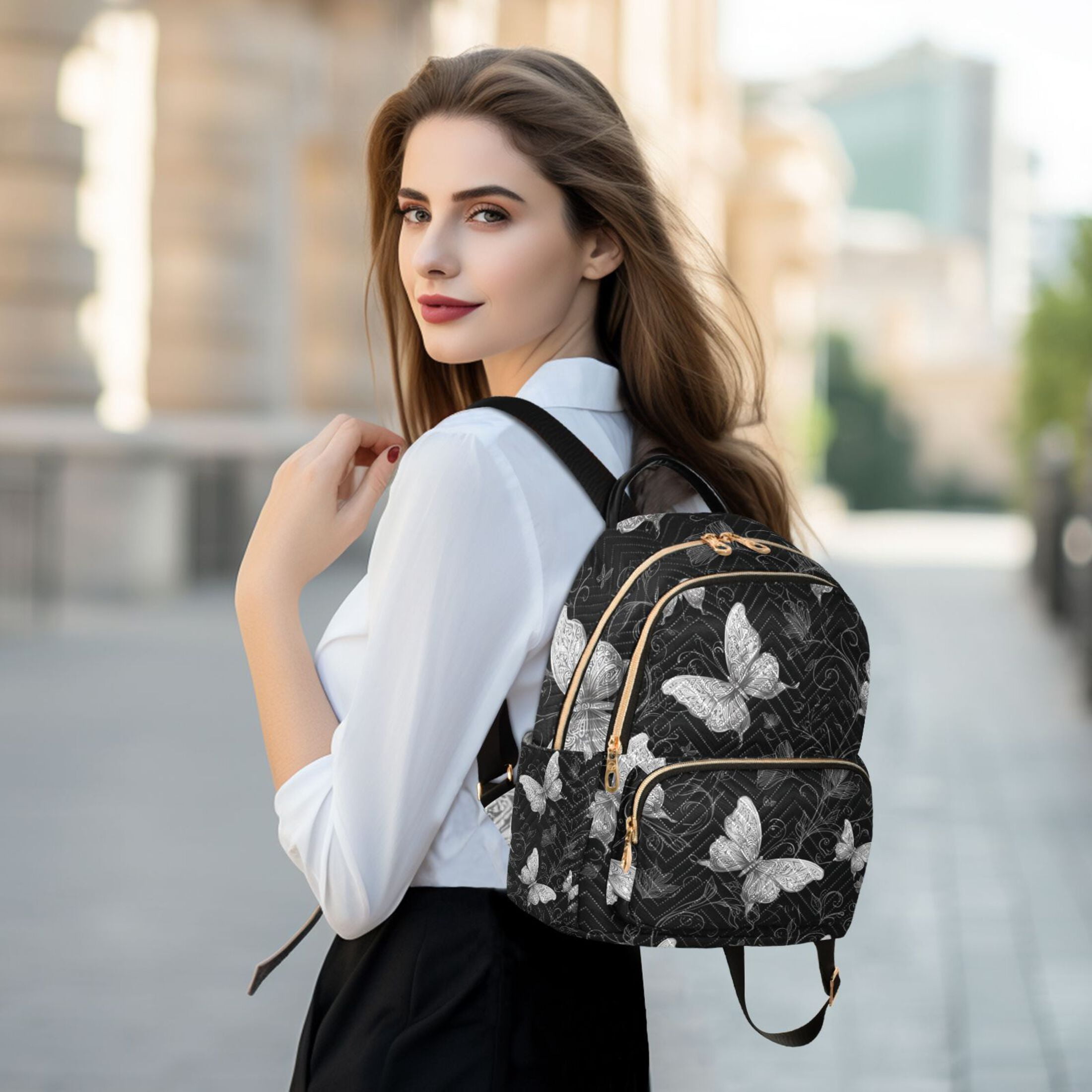 Gray Butterflies Flowers on Black Background Quilted Backpack Fashion Daypack Commuter Bag for Women 14 L