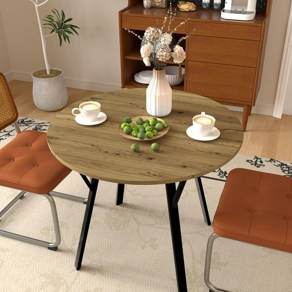 35.43 Inch Round Dining Table - Modern Kitchen Table for Small Spaces - 2-4 People - Brown