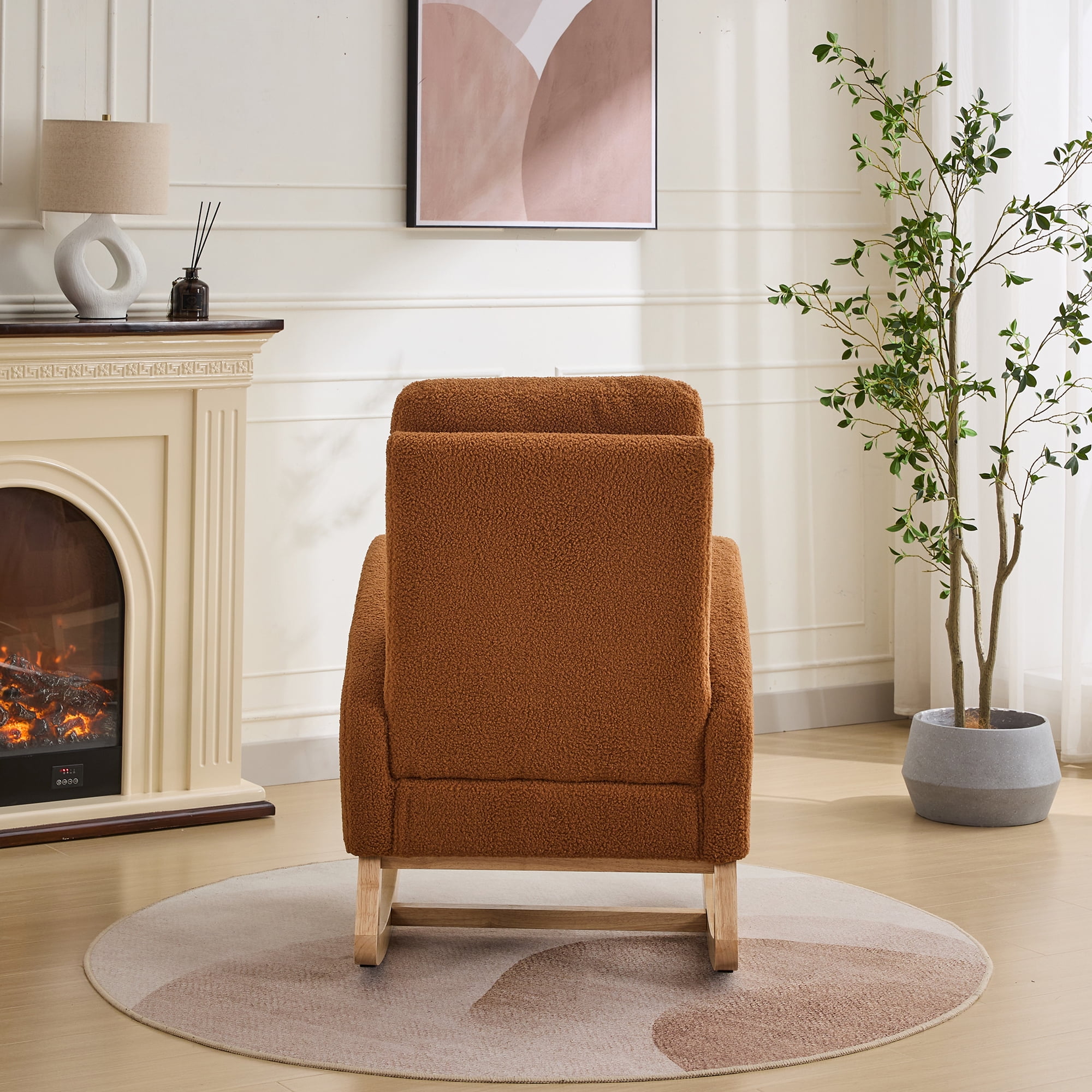 FFZ 27.2W Rocking Chair Nursery Sherpa Glider High Back Side Pocket Accent Armchair Rubber Wood Caramel