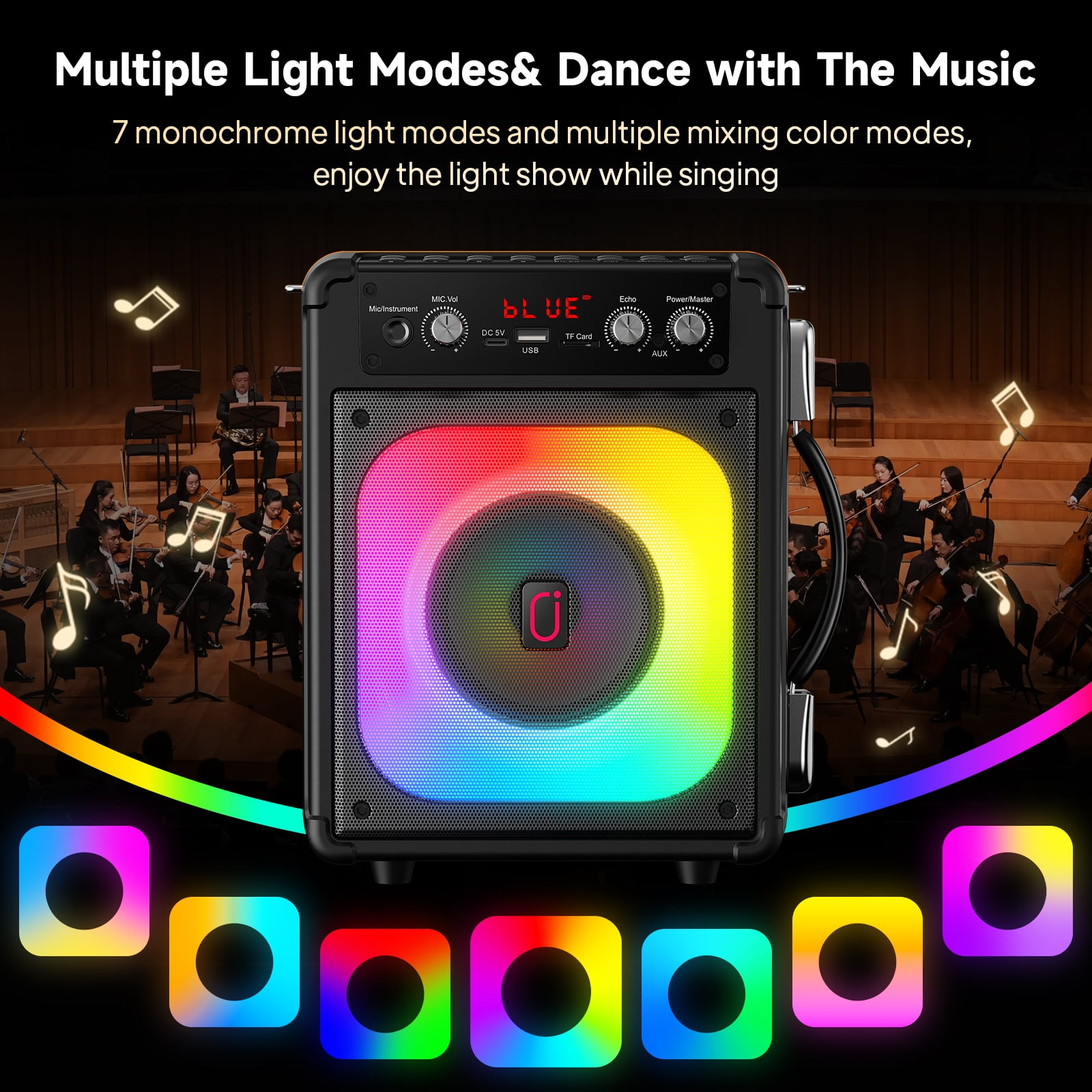 JAUYXIAN Stand Alone Karaoke Machine with 2 Mics, Bluetooth Karaoke Party Speaker, Echo Adjustment, Supports USB/TF/REC/AUX