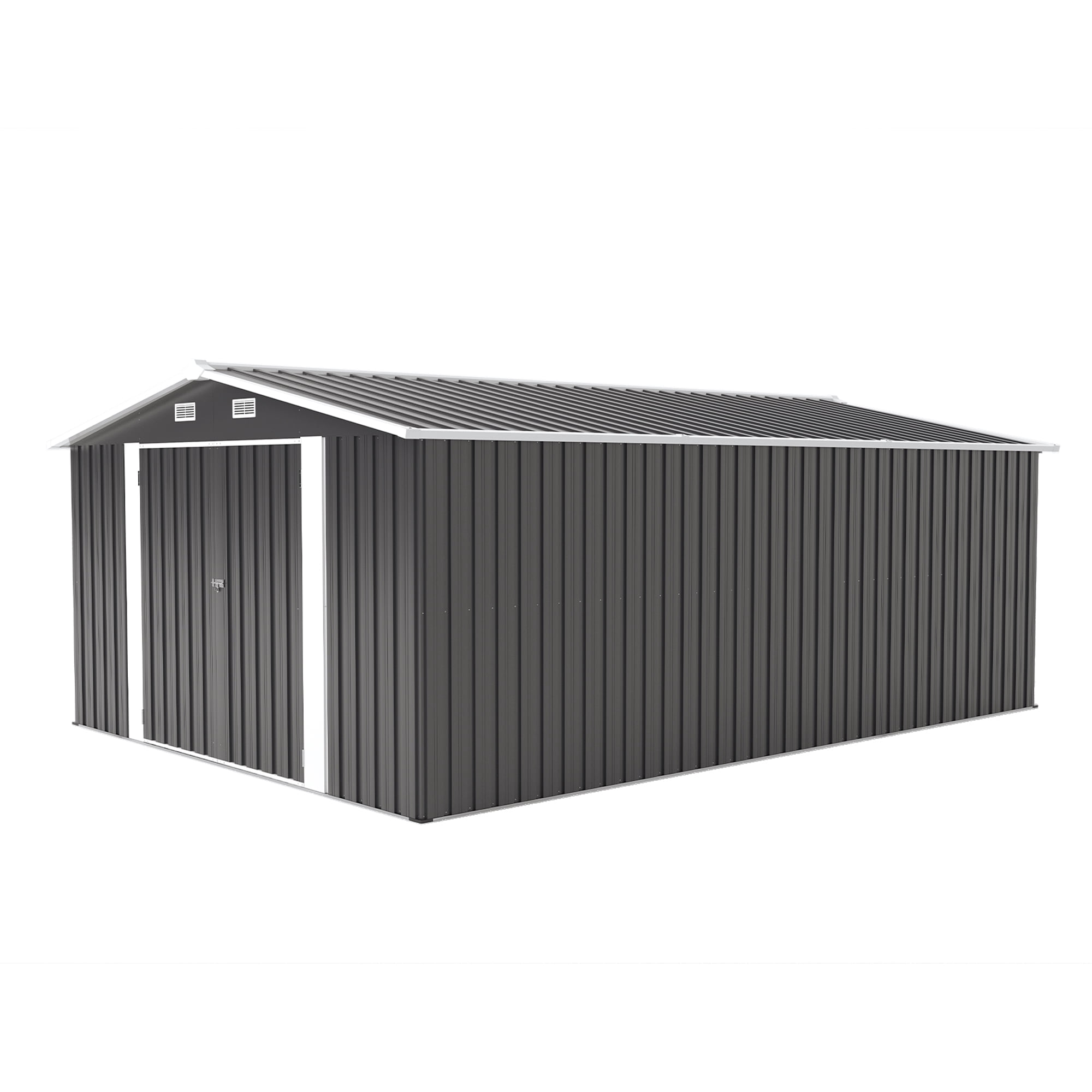 Campcraft 10x14ft Outdoor Storage Shed with 3 Lockable Doors - Heavy Duty Metal  Garden Shed,commercial-grade, triple door,fits riding mowers , Waterproof for Backyard/Patio (Dark Grey)