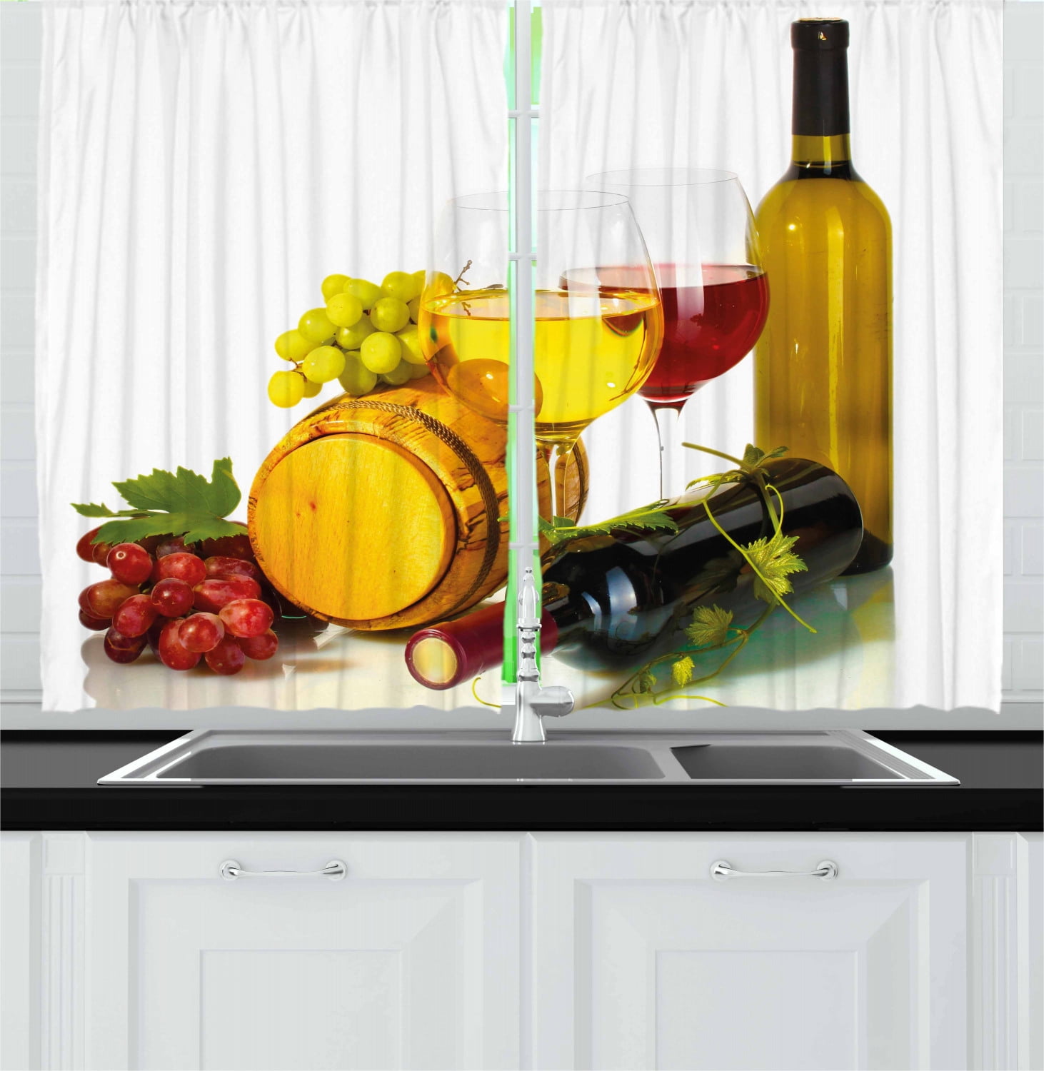 Wine Curtains 2 Panels Set, Composition with Small Barrel Two Types of