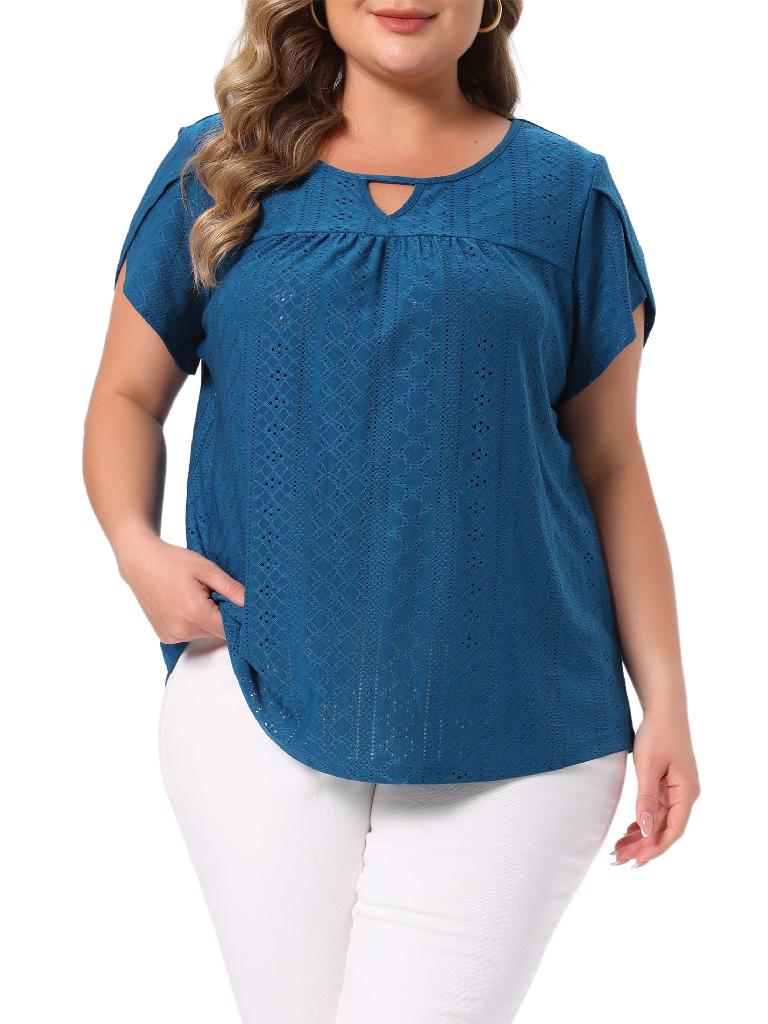 DARING DIVA Women's Plus Petal Sleeve Keyhole Neck Loose Fit Casual Top 4X Peacock Blue