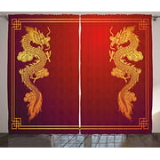 Ambesonne Dragon Curtains, Chinese Heritage Historical Eastern Motif with Creature Design, Living Room Bedroom Window Drapes 2 Panel Set, 108" X 108", Orange Yellow