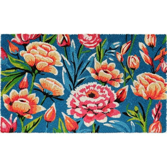 HomeRoots 572247 18 x 30 in. Blue & Pink Coir Floral Outdoor Door Mat