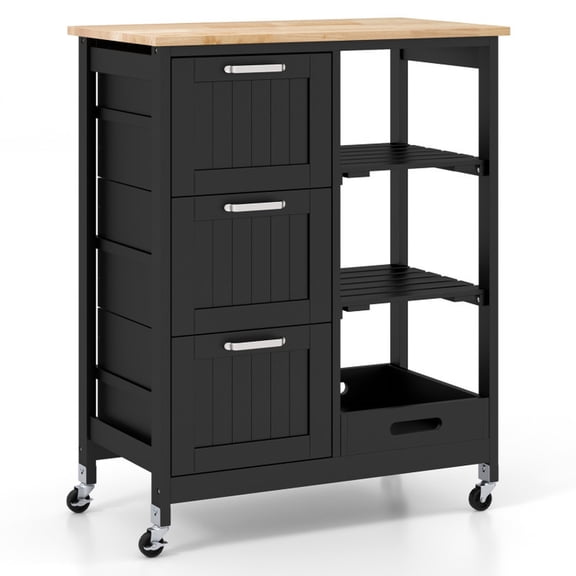 Furnibear Rolling Kitchen Island Cart with Storage 3 Large Drawers 3 Open Shelves Rubber Wood Countertop Lockable Casters Wood Frame, Black